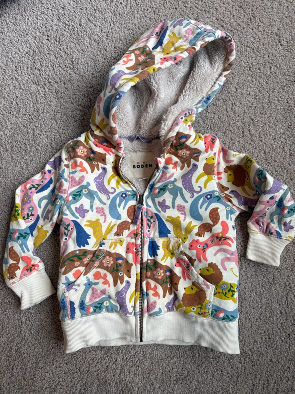 Mini Boden Cream Hooded Zip Sweatshirt with Multicolor Animal Print